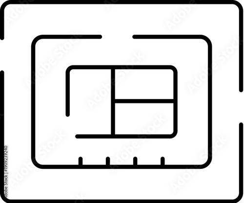Sim card icon outlining a small integrated circuit chip used in mobile phones for user identification and communication network subscriber authentication