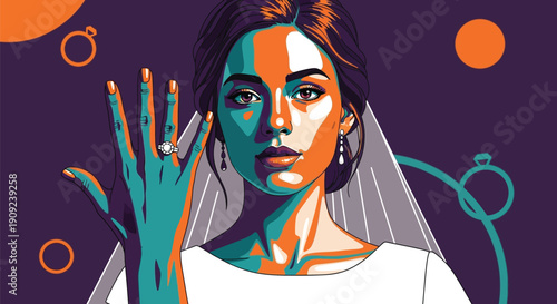 Pop art style illustration of a bride showing her engagement ring