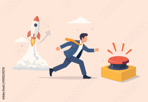Push button call for emergency help, control or launch rocket, start new business or launch start up company concept, cautious businessman running in hurry push red emergency button.
