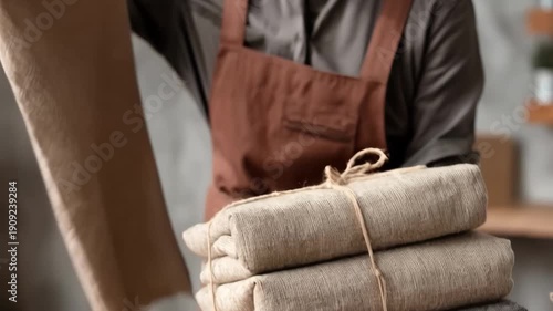 Medium shot of a delivery driver handing over neatly packed linen bundles capturing fast turnarounds with biweekly subscription plans