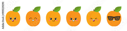 Cute apricot fruit set, fun cartoon character, happy smiling face, big eyes, emotions joy delight, kawaii style, vector children's illustration.