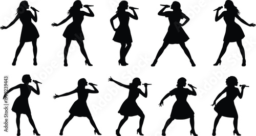 Silhouette illustration of female singer performing with microphone in dynamic stage poses, expressive concert movements, and artistic design for music, entertainment, and performance themes