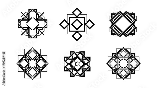 Geometric Abstract Patterns, Square and Diamond Shapes, Black and White Design Elements