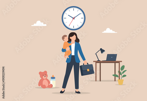 Working mom or mother work life balance, parenting employee or family responsibility concept, busy businesswoman with baby in one hand at home and working briefcase in other hand with time clock