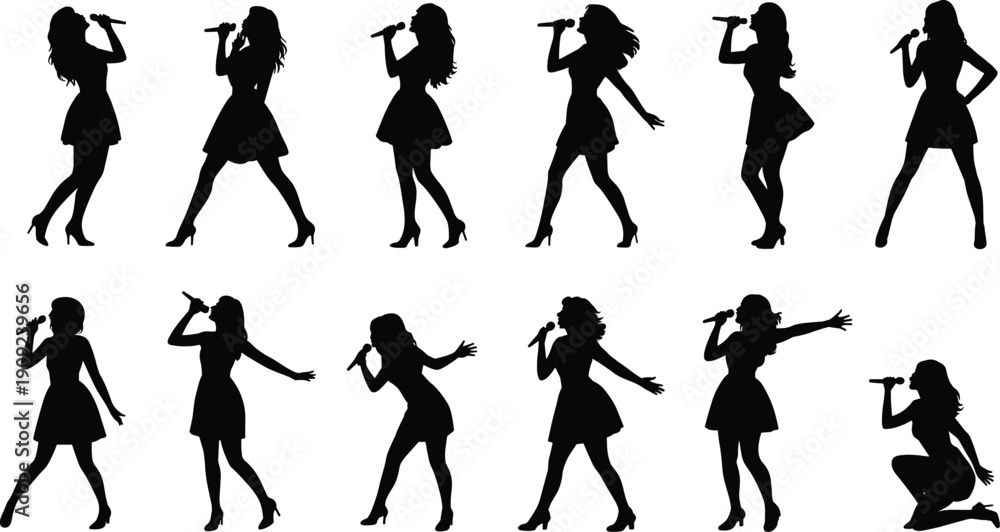 Fototapeta premium Silhouette illustration of female singer performing with microphone in twelve dynamic stage poses, expressive concert movements, and artistic design for music, entertainment, and performance themes