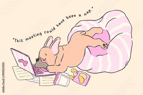 Cute french bulldog lazy work from home cartoon hand drawn sleeping on laptop
