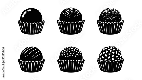 Set of Six Delicious Chocolate Truffles in Paper Cups, Black and White Illustration