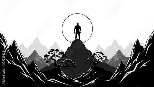Silhouette of a lone figure on a mountain peak under a large sun, minimalist landscape.