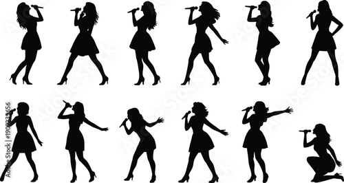 Silhouette illustration of female singer performing with microphone in twelve dynamic stage poses, expressive concert movements, and artistic design for music, entertainment, and performance themes