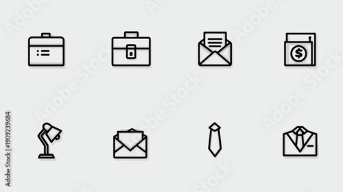 Modern Business and Office Line Icons Set: Briefcase, Wallet, Email, Desk Lamp, and Professional Suit Symbols for Corporate Design