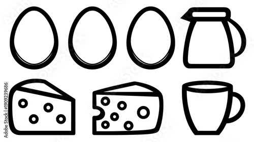 Simple Line Art Breakfast and Dairy Food Icons Set. Outline Eggs, Cheese, Milk Pitcher, and Mug Vector Design.