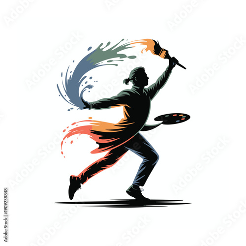 Dynamic artist silhouette with colorful paint splash