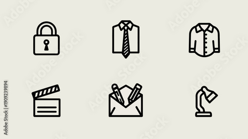 Minimalist vector line icons set: padlock, business shirts, clapperboard, email, desk lamp. UI/UX elements.