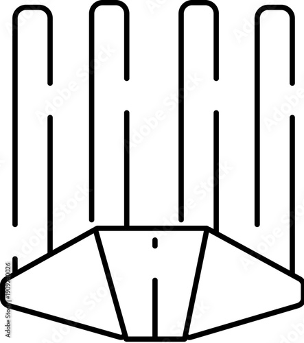 Heavy object pulled by gravity, depicted as minimalist black line art showing downward motion and acceleration on a white background, modern icon for physics, motion, or ui