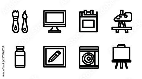 Art and Design Creativity Tools Vector Line Icons Set. Paintbrushes, Easel, Palette, Monitor, Pencil, Paint Bottle Graphics