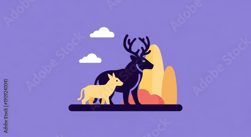 Deer and calf standing on a cliff with mountains clouds in a purple landscape