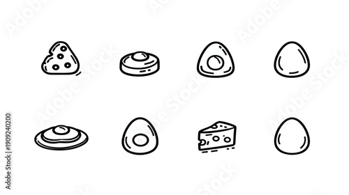 Hand-drawn breakfast food icons set. Outline doodle vector illustration of whole eggs, fried eggs, and cheese slices. Culinary elements.