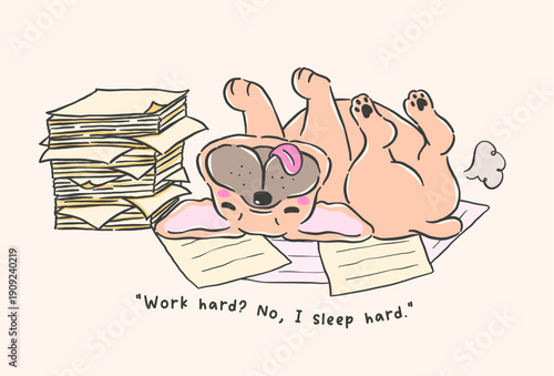 Cute french bulldog sleeping upside down belly up on papers burnout lazy cartoon hand drawn