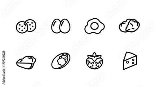 Food line icons collection: eggs, cookies, taco, strawberry, cheese, nuts. Outline style for diet, nutrition, and healthy eating.