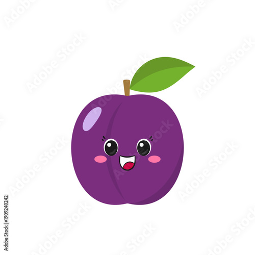 Smiling plum fruit, cute and fun cartoon character, happy face, big eyes, emotions joy delight, kawaii style, vector illustration.