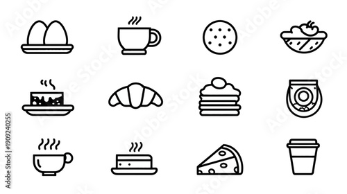 Delicious Breakfast, Bakery, and Dessert Outline Icons. Minimalist Line Art Food and Drink Vector Set for Menus, Apps, and Websites.
