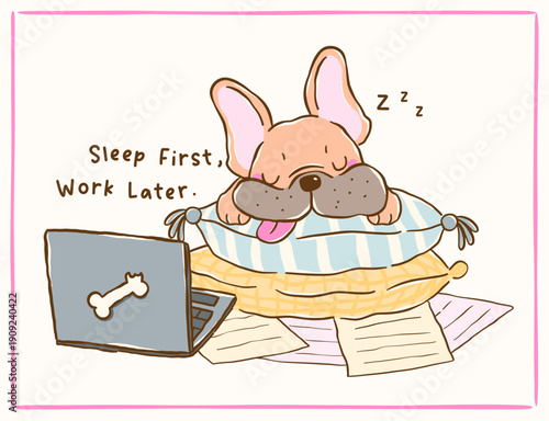 Cute french bulldog work from home burnout lazy cartoon hand drawn whimsical sleeping on pillows and laptop