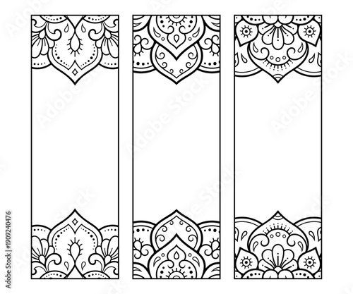 Printable bookmark for book - coloring. Set of black and white labels with flower patterns, hand draw in mehndi style. Sketch of ornaments for creativity of children and adults with colored pencils.