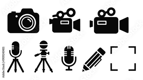 A collection of icons representing photography and videography equipment isolated on white background, Vector