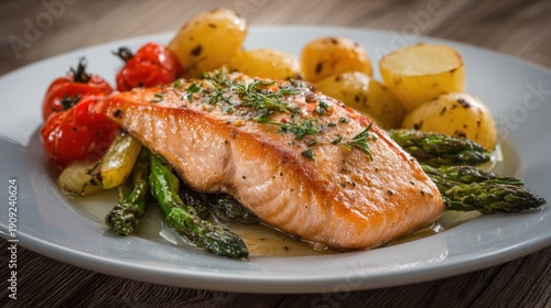 Salmon dish served with vegetables
