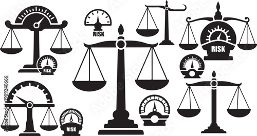 Scales of Justice and Risk Assessment Icons Black Silhouettes