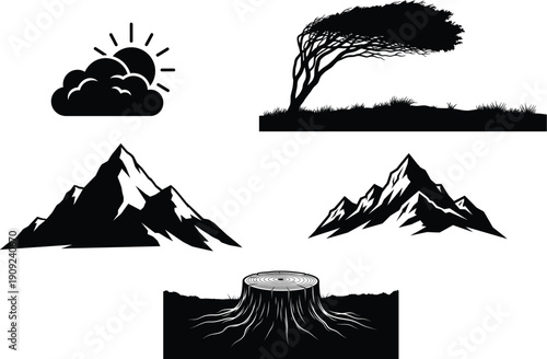 Collection of nature silhouettes featuring mountains tree stump and cloudy sky