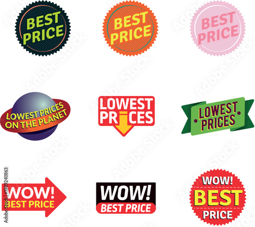 Best price and lowest price guaranteed stickers. Creative colorful retail labels with star and arrow.