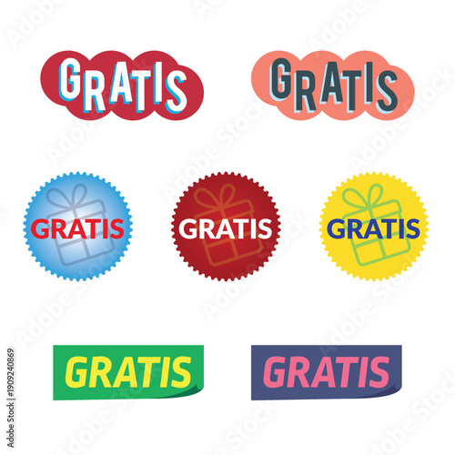 Gratis promotional stickers and labels set. Red and yellow gift tags for store.