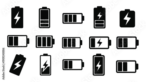 Assorted black and white battery icons depicting various charge levels and states isolated on white background, Vector