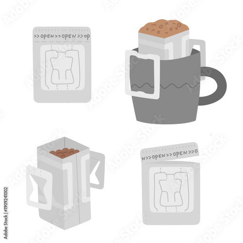 Drip bags for brewing coffee. Method of brewing coffee. Coffee filter with grounded beans on mug. Coffee cup. Vector hand-drawn illustrations isolated on white background. Set of design elements