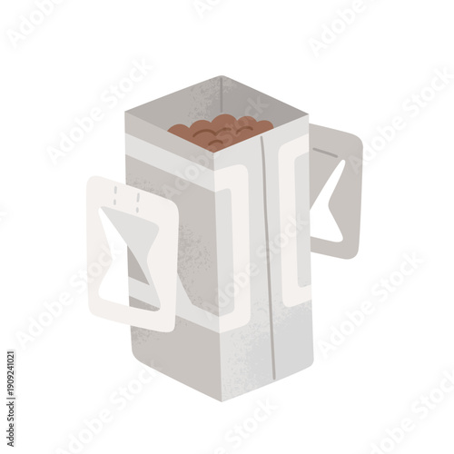 Open drip bag. Method of brewing coffee. Coffee filter with grounded beans. Vector cartoon illustration isolated on white background