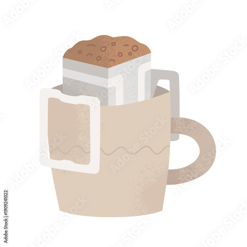 Open drip bag on cup. Method of brewing coffee. Coffee filter with grounded beans on mug. Vector cartoon illustration isolated on white background. 