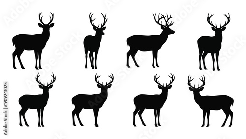 A group of eight black silhouettes of deer standing in a row against a white background. isolated on white background, Vector