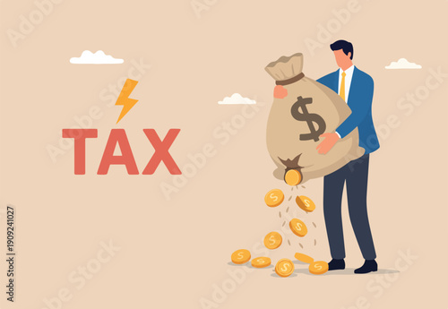 Tax payment or losing money without tax planning concept, businessman hand holding big money bag revenue been slitted with dollar coin loss with the word tax.
