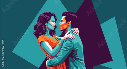 Young romantic couple embracing in vibrant pop art style