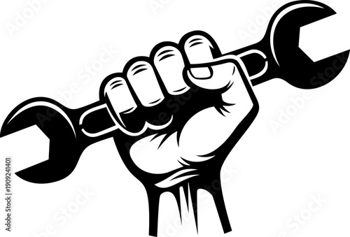 Vintage trade logo featuring a hand holding a wrench - Strong Hand Holding Wrench Vector - Empowered Fist Gripping a Wrench Symbol of Labor and Repair