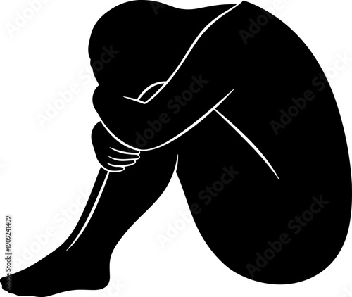 Sad person silhouette sitting alone in fetal position, mental health concept for depression, anxiety, loneliness and emotional stress.
