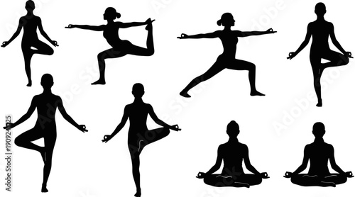 Yoga poses silhouette set featuring tree pose, warrior pose, and lotus meditation for health, wellness, and mindfulness icons.