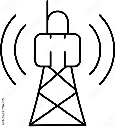 Communication tower with antenna emitting radiating waves, outline icon symbolizing wireless telecommunication, broadcasting, mobile network connectivity, 4g5g coverage, internet services
