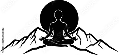 Yoga meditation silhouette of a person in lotus pose on mountain peaks with a large sun background for mindfulness.