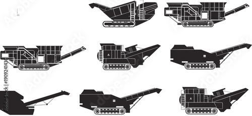 Stone crusher machine silhouette set with mobile jaw crushers and tracked screening equipment for mining and construction industry.