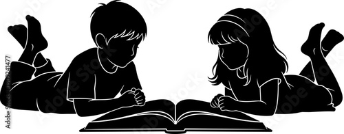 Boy and girl lying down reading an open book together, black silhouette vector illustration for education and childhood learning.