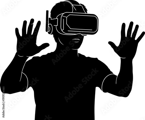 Man wearing virtual reality headset and touching air with hands, immersive metaverse experience, black silhouette vector illustration on white background.