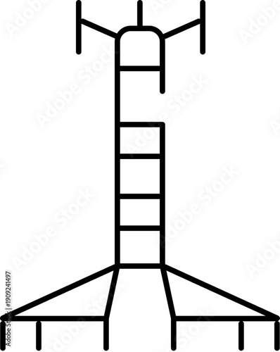Outlined communication pylon icon on white background, minimalist line vector symbol depicting transmission tower for electricity, wireless signal, network and infrastructure