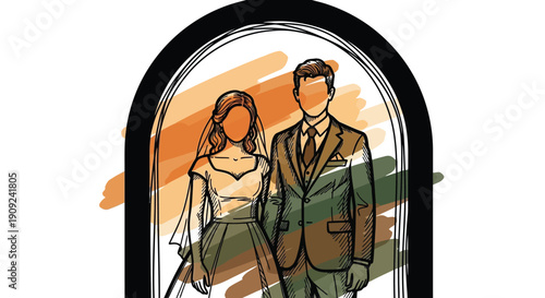 Hand drawn wedding couple in suit and dress inside archway
